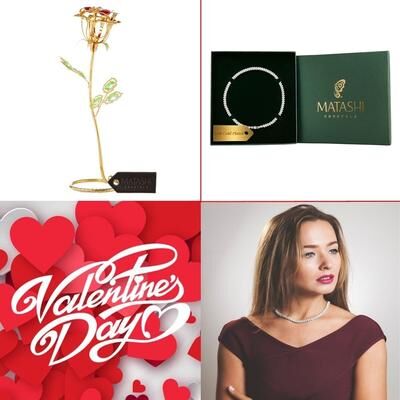 "Matashi 24k Gold Plated Rose Flower with Matashi Crystals w/16"" Rhodium Plated Necklace"