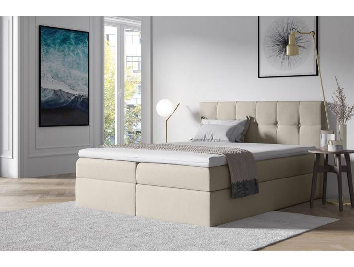 JVmoebel Boxspringbett Beige Doppelboxspringbett aus Textil mit Stauraum (1-St)