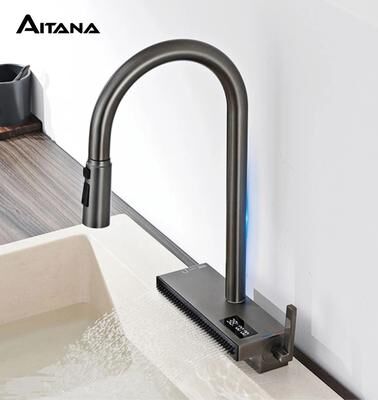 Uplifted Finds Luxury Gunmetal Brass LED Digital Display Kitchen Faucet Pull Out g1 2 brushed Gray
