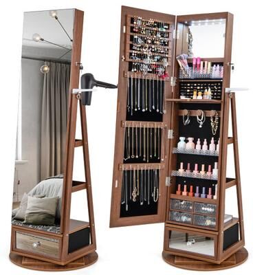 Costway Lockable 360° Swivel Jewelry Cabinet with Full-Length Mirror LED Lights-Walnut