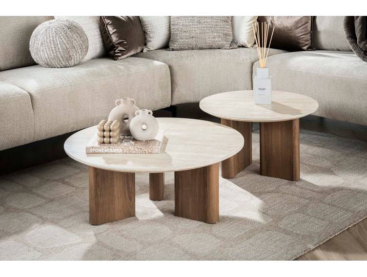 Couchtisch Tavira - 2er Set mit Keramikplatte in Travertinoptik und runder Form - Travertinoptik - Luxusbetten24