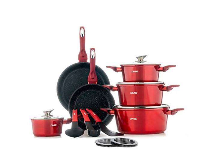 DMS® 15-teilig Induktion Kochgeschirr Kochset Töpfe Pfannen Bratpfanne Kasserolle Suppentopf mit Glasdeckel 3 Küchenutensilien 2 Topfuntersetzer Marbel Beschichtung Spülmaschinengeeignet (Rot)
