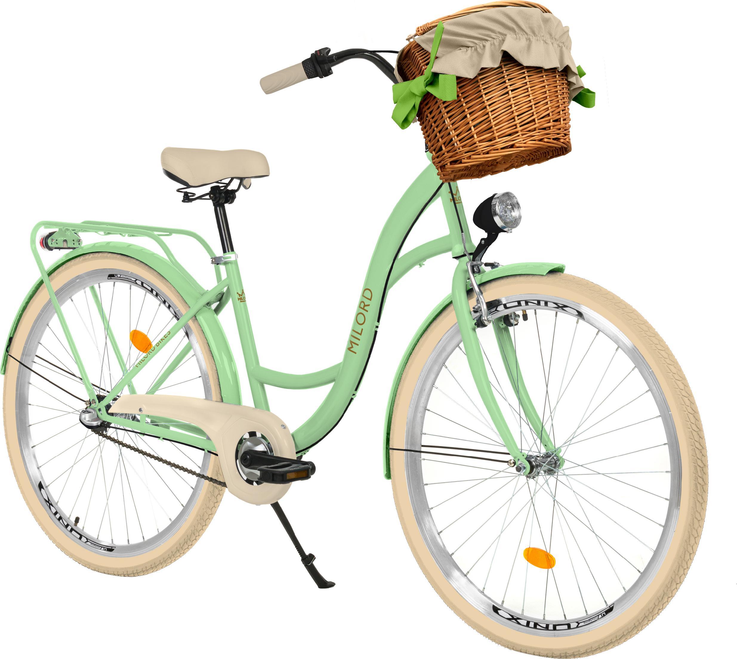Milord Komfort Fahrrad Mit Weidenkorb Damenfahrrad, 26 Zoll, Mintze-Creme, 3-Gange Shimano