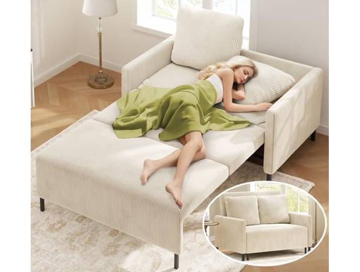 Domusensus Schlafsofa, 120CM Cord Sofa mit Schlaffunktion, 2 Sitzer Sofa Schlafcouch 53CM Extra Tiefe Sitze, Couch mit schlaffunktion, Klein Sofa 2 Sitzer,Schlafzimmer Sofas fürs Büro 2 Kissen,Beige