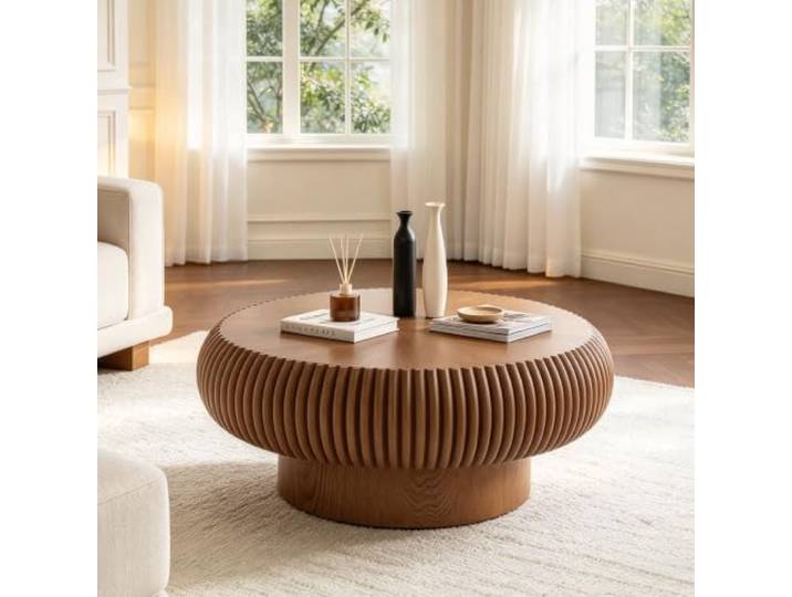 FeiZhiYanS Moderner runder Couchtisch aus Holz mit Rillenstruktur Couchtisch in Trommelform, abgerundete Kanten, stabiler Standfuß, einfache Montage, handgefertigtes Relief, für Wohnzimmer