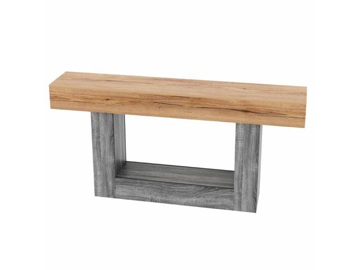 Console bicolore aspect bois 160 cm en panneaux de particules plateau épais et étagère ouverte
