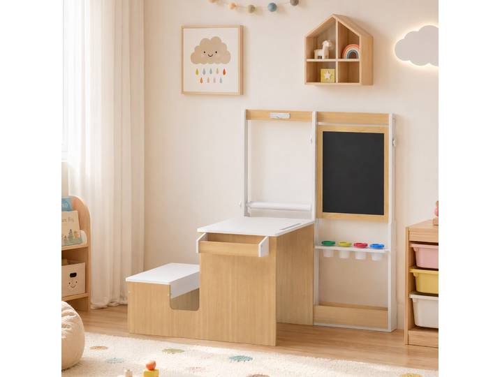 AIYAPLAY Table Enfant Bois 5-en-1 Banc Chevalet 3-8 Ans Blanc
