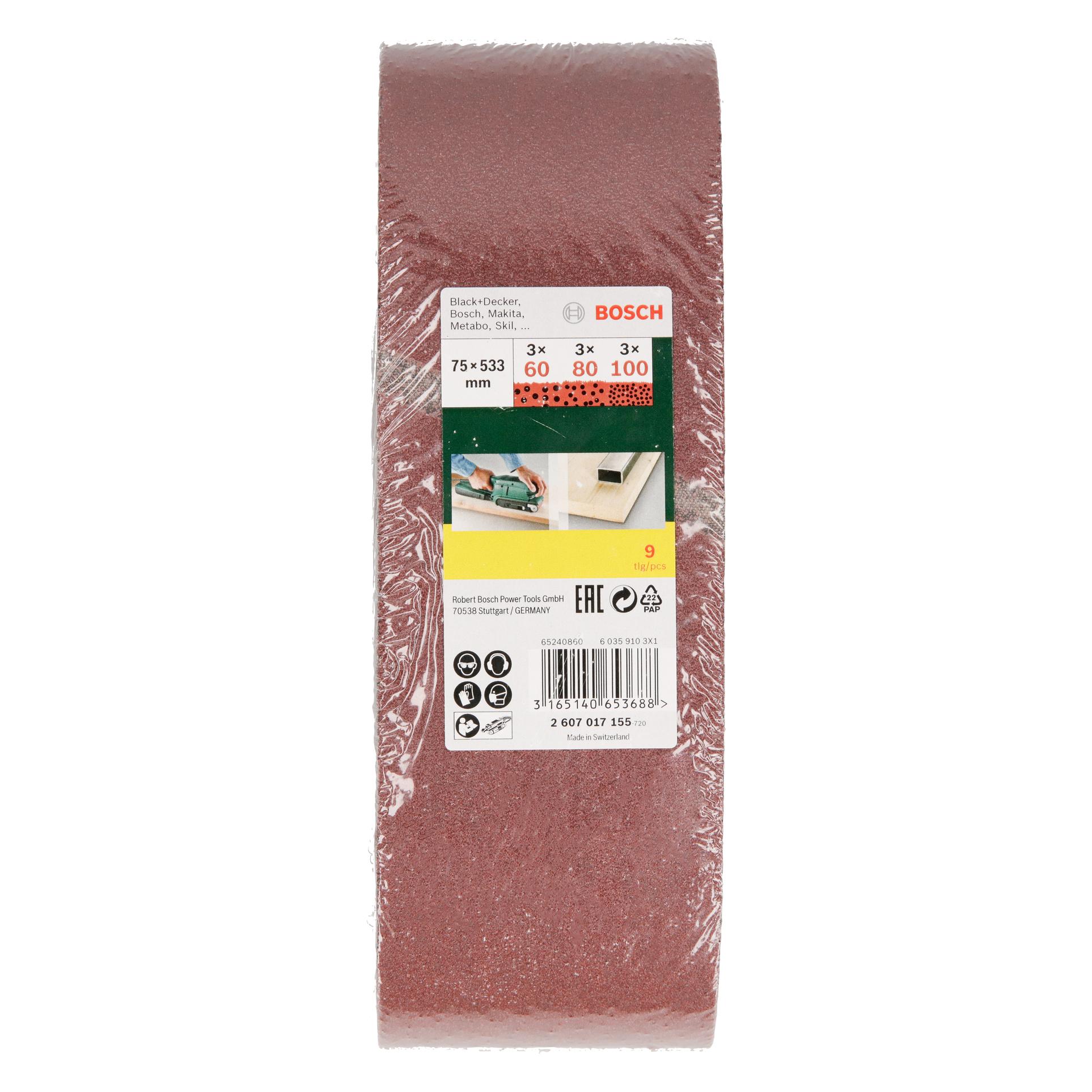 Bosch Zubehör Schleifband-Set für Bandschleifer, 9-teilig, 75 x 533 mm, Körnung 60, 80, 100 (2607017155)