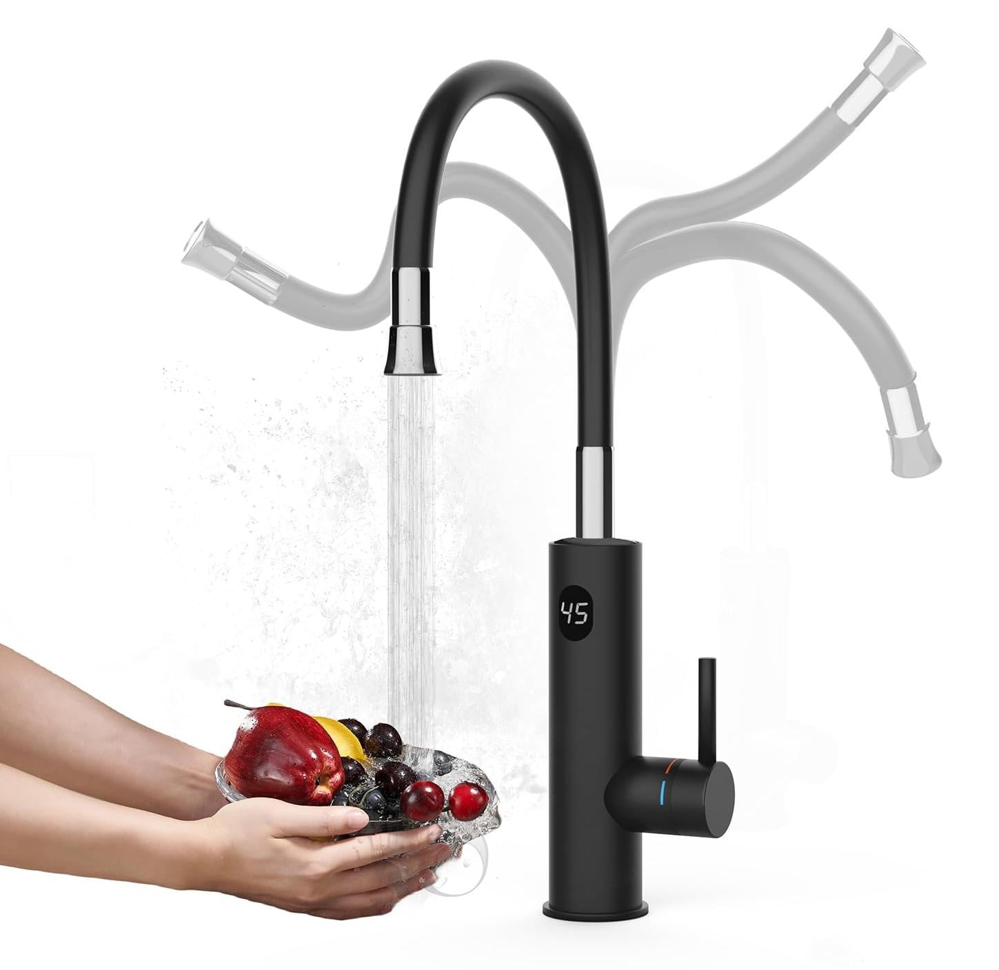 Dripio Doorstroomverwarmer-kraan met LCD-display en flexibele uitloop, 3200 W, zwart