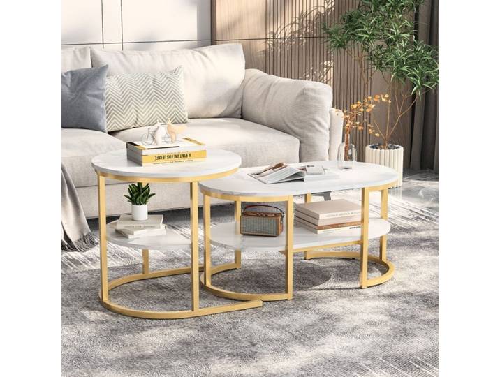 Design luxe léger table basse dorée avec structure métal et texture marbre pour salon