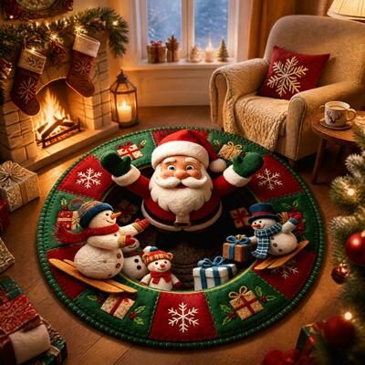 Garvee Christmas Round Santa Claus Snowman Area Rug