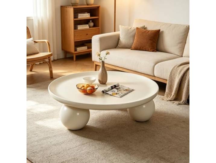 Luxuriöser runder Designer Couchtisch, stabiler minimalischer nordischer Couchtisch rund creme Premium-Qualität, formaldehydfrei, rutschfeste gebogene Platte, einfache Montage(White)