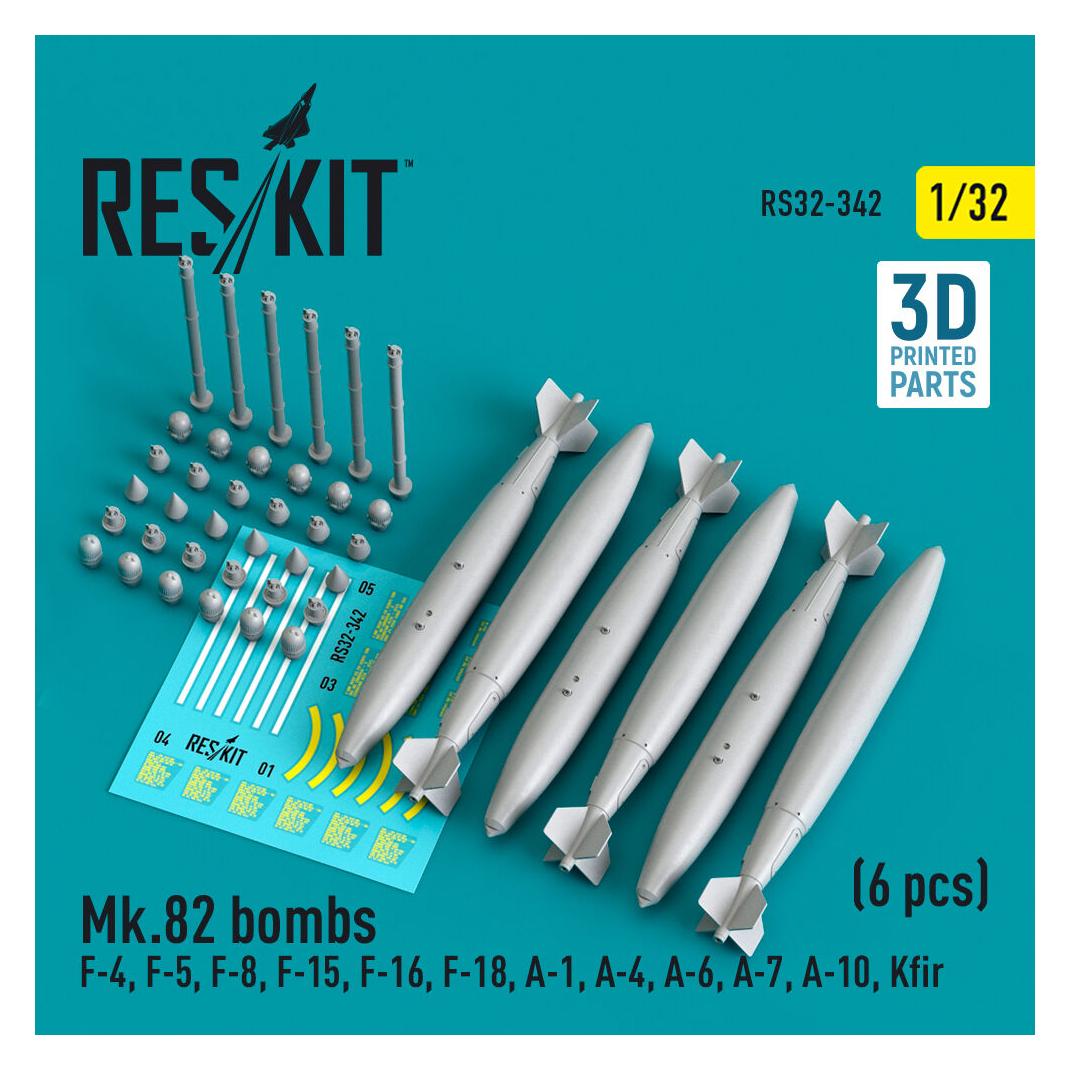ResKit Mk.82 bombs (6 pcs) (F-4, F-5, F-8, F-15, F-16, F-18, A-1, A-4, A-6, A-7, A-10, Kfir) (3D Printed) (RS32-0342)