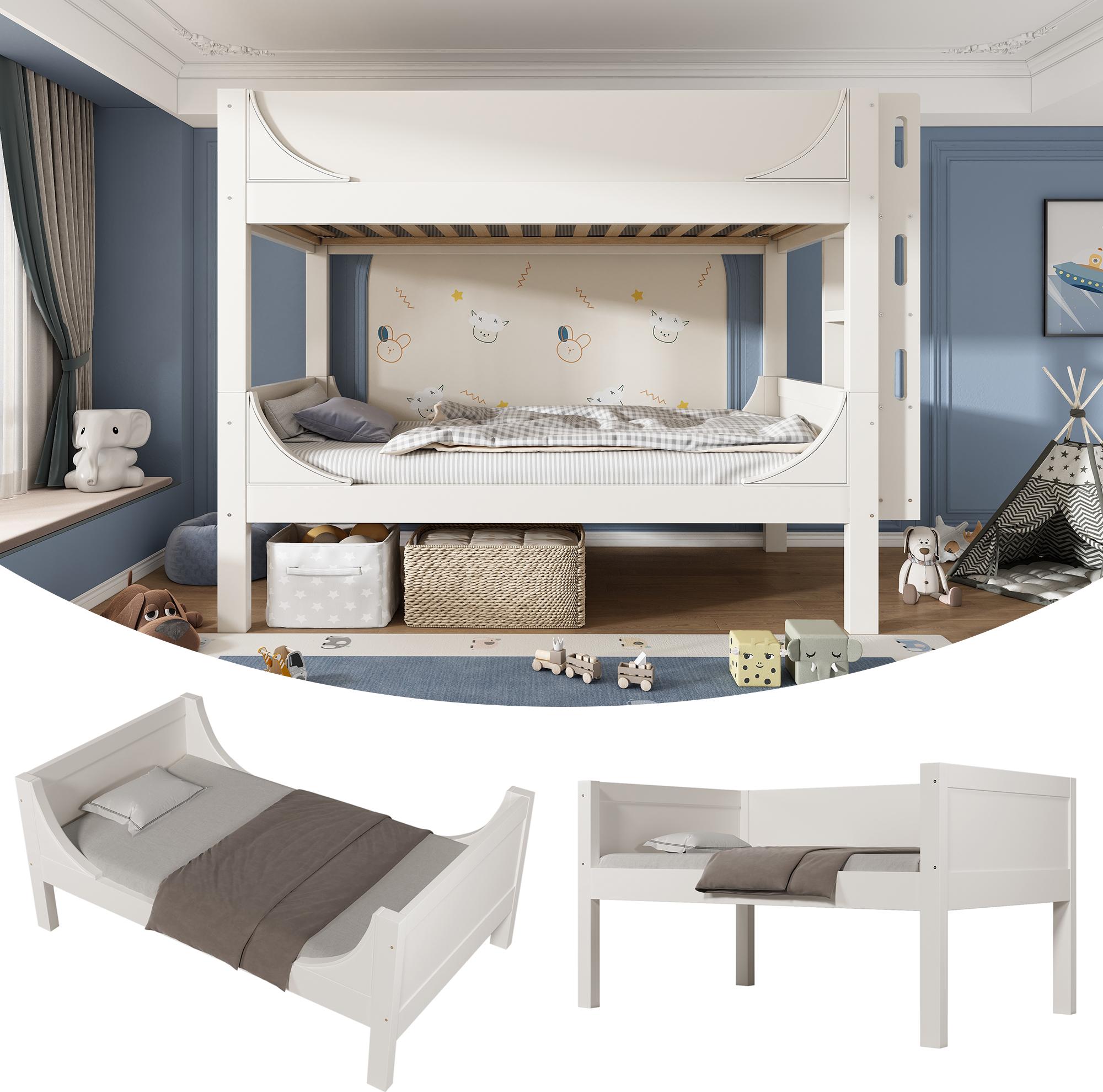 Trennbares Etagenbett 90x200cm mit Flexibel am Kopf-/Fußende montierbarer Leiter, Schlittenform-Design, Aus 1 Bett werden 2 Einzelbetten, Weiß, EN747-1:2024(Ohne Matratze)