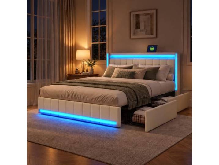 Polsterbett Doppelbett 180x200 cm, Stauraumbett mit 4 Schubladen, Bett 180x200 mit Bettkasten und Lattenrost, LED Kopfteil mit USB Ladestation, Jugendbett Funktionsbett Rückenlehne Bett, Leinen