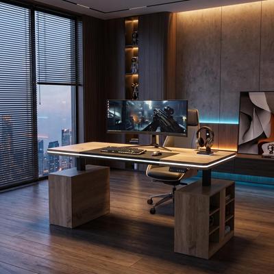 FUFU&GAGA "63"" Smart Gaming Desk with RGB LED Lights & App Control, Electric Standing Desk with 2 Storage Units, Sit-to-Stand Tech Station"