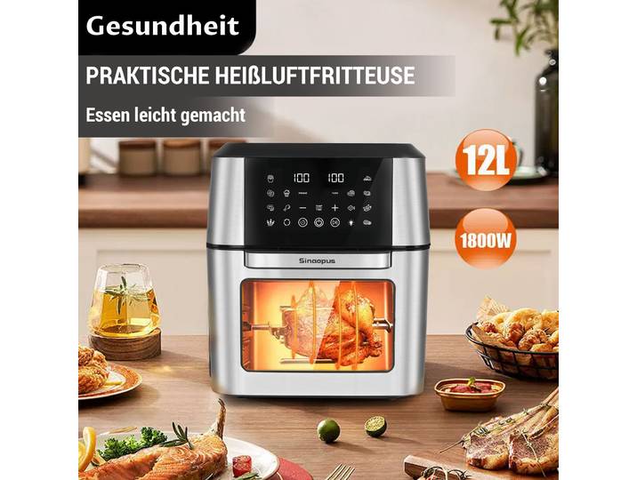 Friteuse à air XXL12L, appareil de cuisine sans huile avec commande tactile LED, fenêtre visible, machine à frire intelligente, format familial