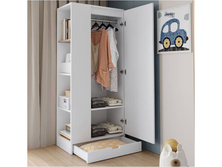 Armoire chambre 1 porte 70x40x170 cm blanche avec étagères et tiroirs
