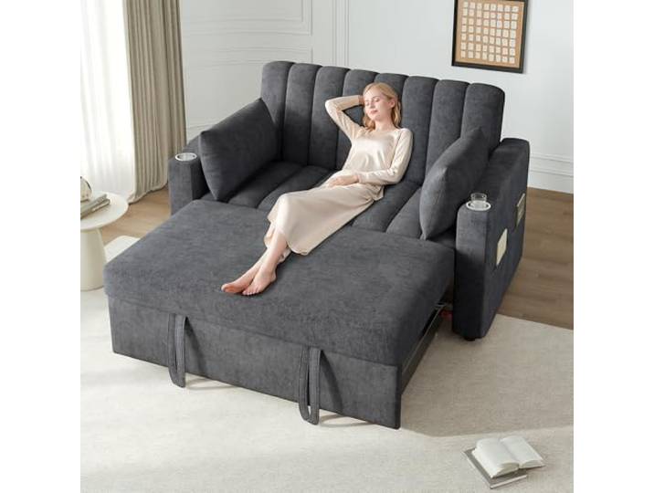 Schlafsofa 2-Sitzer mit Schlaffunktion Leinenoptik Getränkehalter Grau Schlafsofa mit Schlaffunktion, Leinenoptik Bezug, Wohnzimmer und Schlafzimmer, für kleine Wohnungen