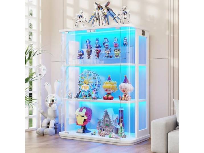 BROTTAR 3-stöckige runde Vitrine mit Glastür, 3-farbige Beleuchtung, Bewegungssensor, durchgehend transparenter Schrank für Sammlerstücke, Spielzeug & Bücher (Weiß)