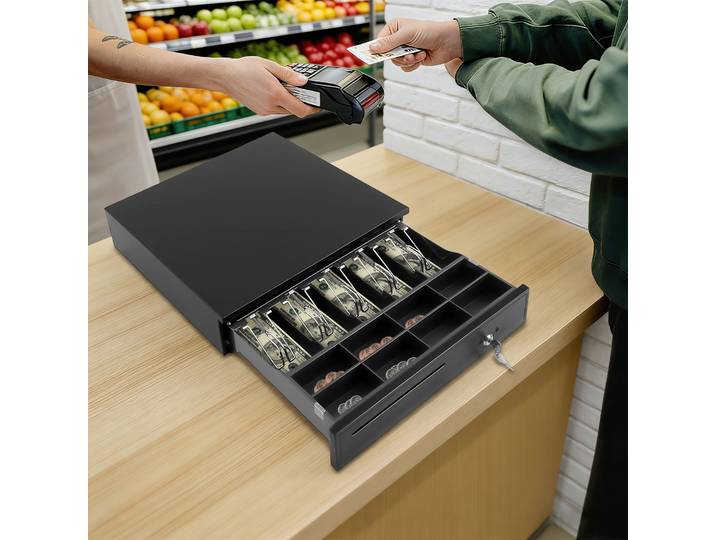 Tiroir-caisse 42,5*40,5*10 cm, boîte à monnaie polyvalente avec 5 compartiments pour billets, 8 compartiments pour pièces et 3 modes de verrouillage pour hôtels, supermarchés