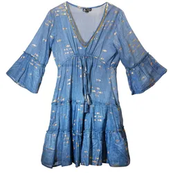 Nomad Sari On the Med Sea Blue & Gold Fish Print Dress (M/L)