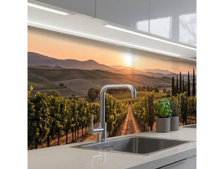 KitchenYeah© Spritzschutz Küche Küchen Rückwand Küchendeko Wand Wandschutz 60x250 cm - Selbstklebend Backsplash Kitchen Peel And Stick Weinberg - Sonnenuntergang - Landschaft