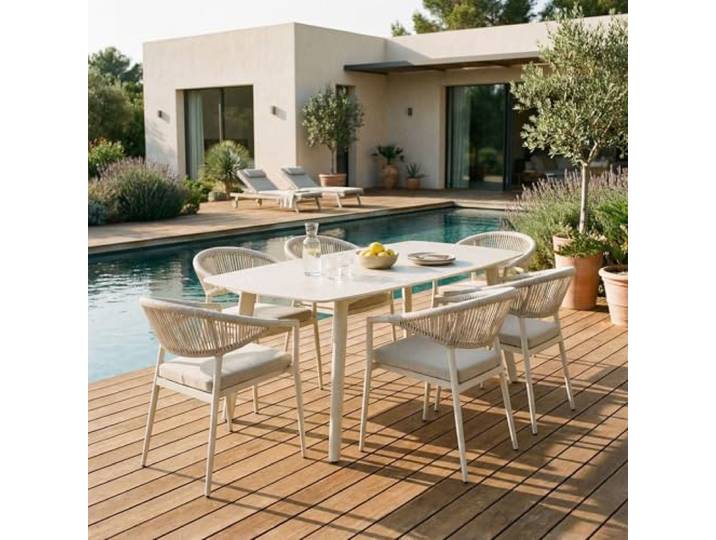 Gartenmöbel Set SELI Gartenmöbelset mit 1 Tisch und 6 Stühlen, Tischgröße 180 x 90 x 75, Cremeweiß – aus pulverbeschichtetem Aluminium mit robuster Keramik-Tischplatte, wetterfest mit Sitzkissen
