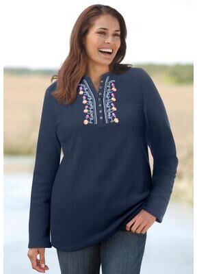 Plus Size Women's Embroidered Thermal Henley Tee by Woman Within in Navy Vine Embroidery (Size 1X) Long Underwear Top