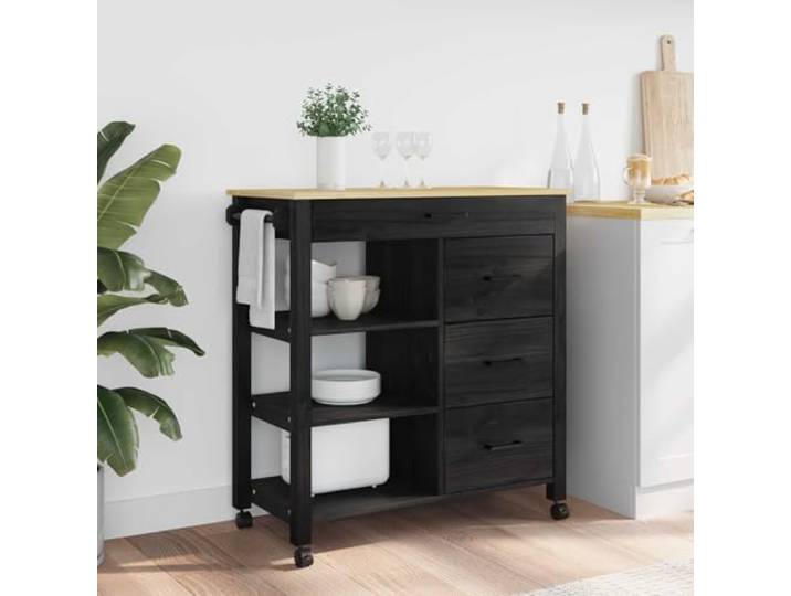 GKDERWTYG Küchentrolley Monza Schwarz Massivholz Kiefer 84 x 40 x 88,5 cm Massivholz Kiefer, Schublade, Regale, 4 Rollen, 2 verriegelbar, Küchenwagen
