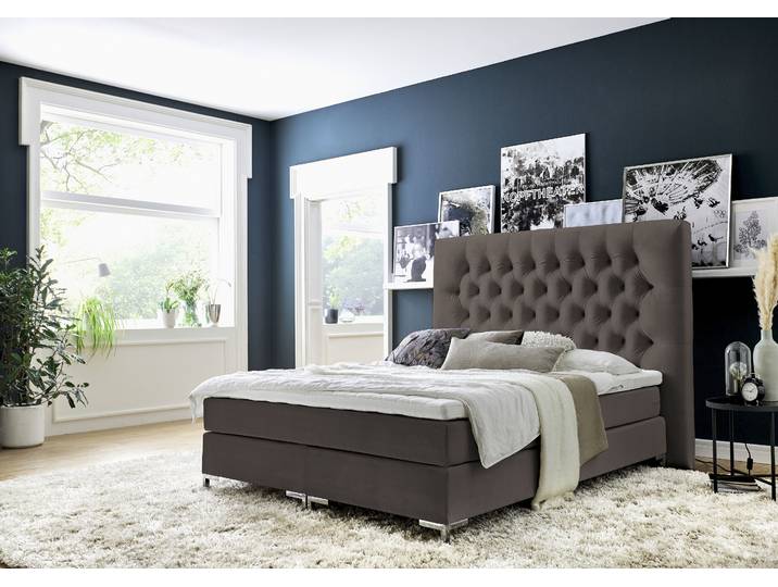Boxspringbett, Samtvelours, Braun, 168×216 cm, Mit Topper & Hohen Kopfteil, ATLANTIC HOME Collection