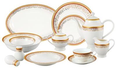 La Luna Collection Bone China 57 Piece Red and 24K Gold Design Dinnerware Set, Service for 8 by Lorren Home Trends.