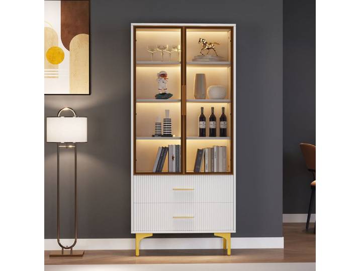 Buffet haut - URBAN MEUBLE - élégant blanc - portes vitrées et éclairage LED