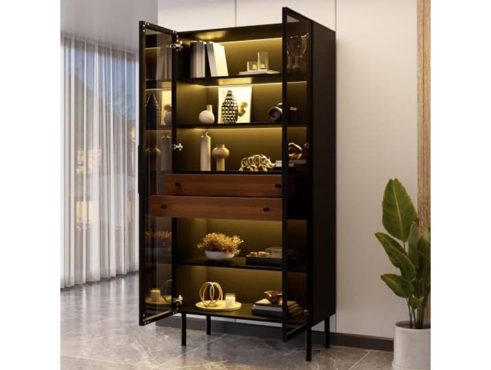 Merax Vitrine 70x36x170 cm, schwarz, Glastüren, LED per App, 2 Schubladen, Innenregale, Standvitrine für Wohnzimmer, Aufbewahrungsschrank mit Glasfront