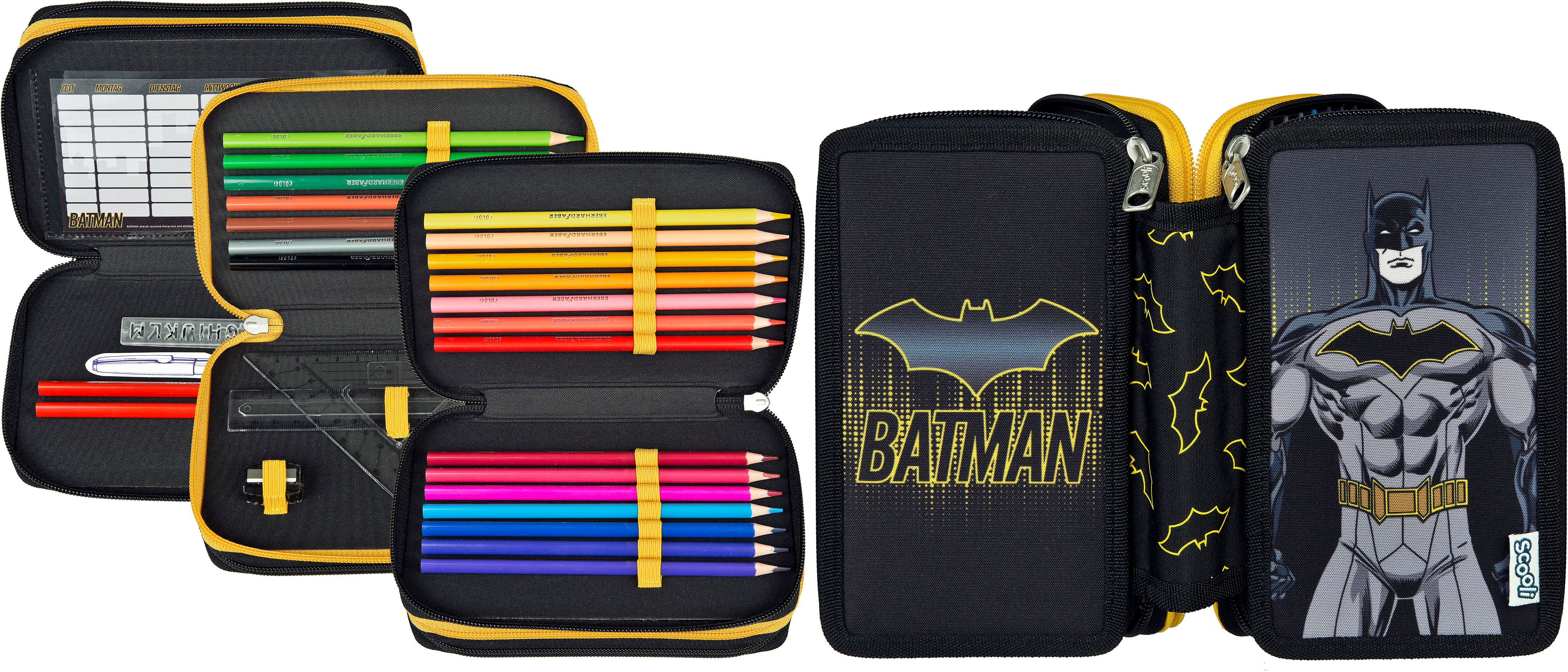 Federmäppchen SCOOLI "Tripledecker", Kinder, schwarz (batman), Polyester, Schreibgeräteetuis Federmäppchen batman Einheitsgröße