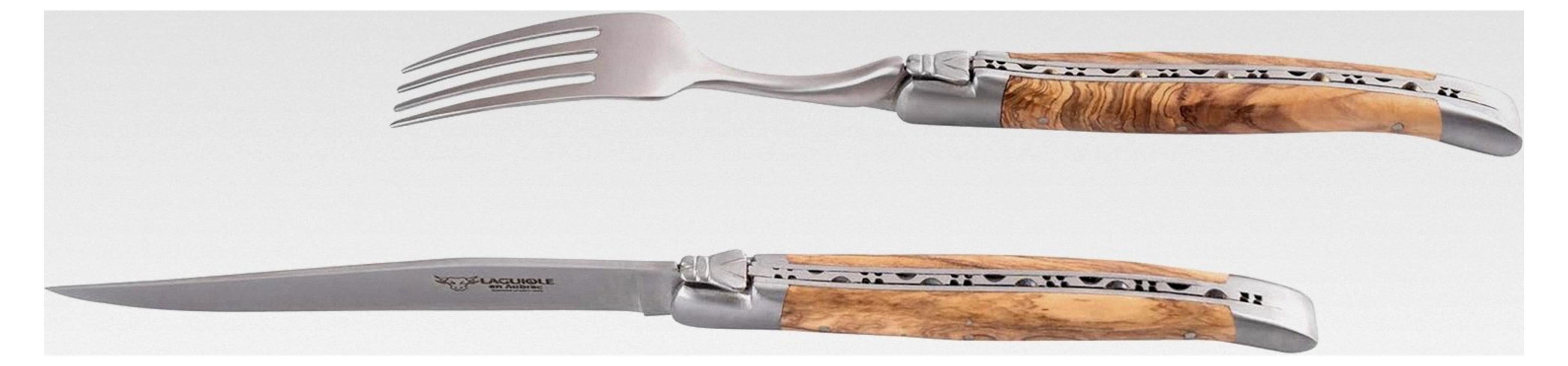 2-teiliges Besteckset aus Olivenholz mit matten Klingen, Original aus Frankreich, in einer Holzaufbewahrungsbox