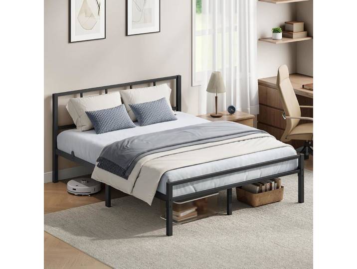 Bed Frame 140 x 190 cm with Bed Base Headboard Metal Supports up to 500 kg Easy Assembly for Bedrooms Ink Black