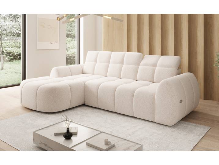 Designer Ecksofa Bjork in Strukturstoff mit elektrischer Sitzerweiterung - Weiß - Strukturstoff - Links - Luxusbetten24