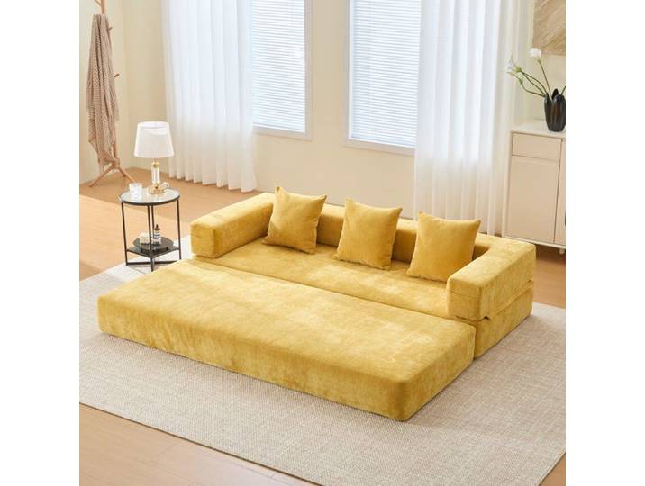 Canapé convertible 198 cm TOPESCT canapé-lit en velours avec poches latérales design modulable jaune