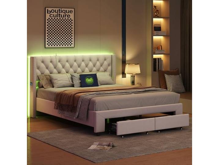 JiaOyu Polsterbett 180x200cm, Doppelbett mit LED-Beleuchtung und USB-Anschluss, Jugendbett Stauraumbett Gepolstertes Bett mit 2 Schubladen ideal für modernen Schlafzimmer,Ohne Matratze (180x200cm)