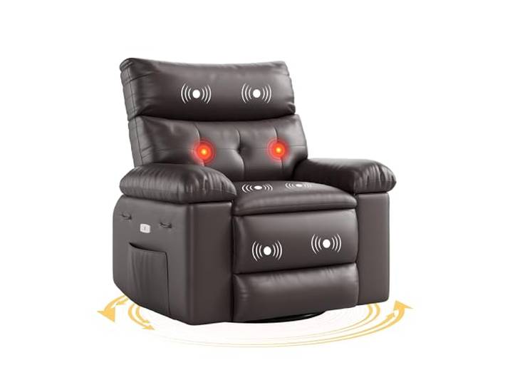 IDEALHOUSE XXL Relaxsessel mit Wärme & Massage, 360° drehbar, manuell verstellbar mit Schaukel-/Wippfunktion, 27 extra breiter Sitz, inkl. Fernbedienung – Einzelsessel, Farbe: Braun