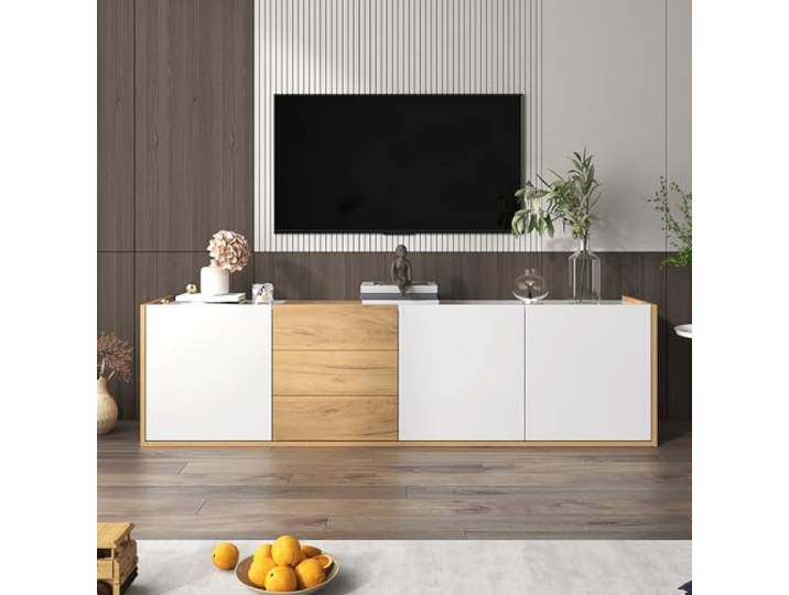 FammyLoft 171,5cm TV Schrank mit 3 Schubladen und 3 Schranktür, Wand Gehängt oder auf den Boden Gestellt Werden Können, Fernseher Schrank für Wohnzimmer, TV Lowboard, Weiß und Holzfarbe