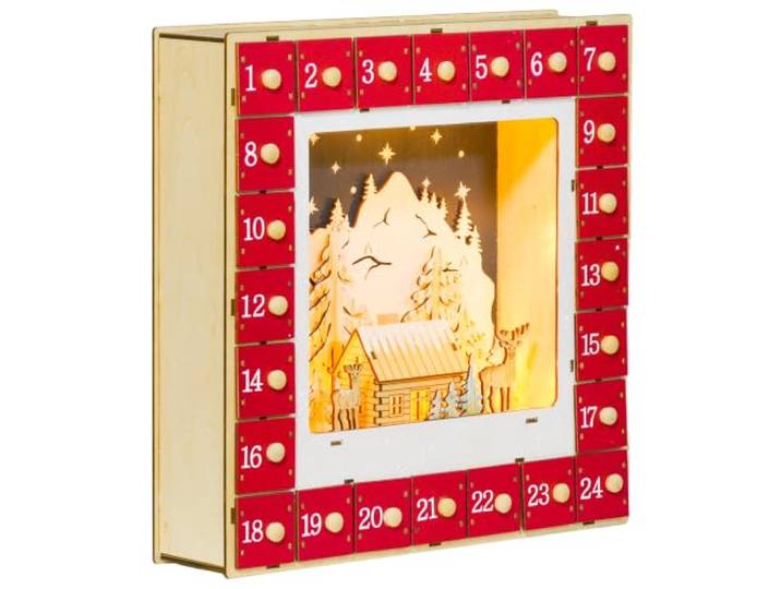 HOMCOM Calendrier de l'Avent LED Décoration Lumineuse 24 Tiroirs Rouge Décorations de Noël en Bois\, à Remplir\, Villages\, Montagnes\, Forêts\, Rennes et Étoiles