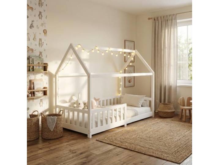 ecomi® Kinderbett 80x160 Bodenbett Kinder Bett Hausbett mit Rausfallschutz und Lattenrost für Kinder Kinderbetten für Mädchen und Jungen Massivholz Kiefer in Weiß