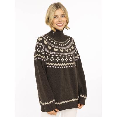 Stehkragenpullover ZWILLINGSHERZ "Norweger", Damen, Gr. S/M, braun, Grobstrick, Obermaterial: 65% Polyester, 13% Polyacryl, 13% Polyamid, 9% Wolle, Pullover Stehkragenpullover, Norweger-Muster, hoher Kragen, oversize, komfortables Strick