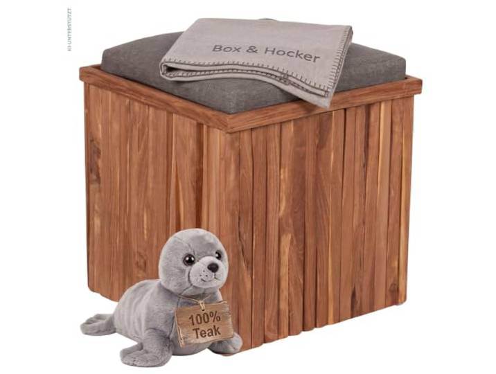 MR. DEKO Aufbewahrungsbox und Sitzhocker inkl. Kissen aus Teak Oxford Indoor und Outdoor