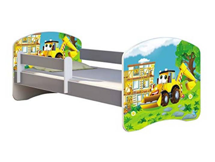 ACMA Kinderbett Jugendbett mit Matratze Grau mit Rausfallschutz Lattenrost II Spielbett Kinderzimmer Möbel (20 Bagger, 140x70)