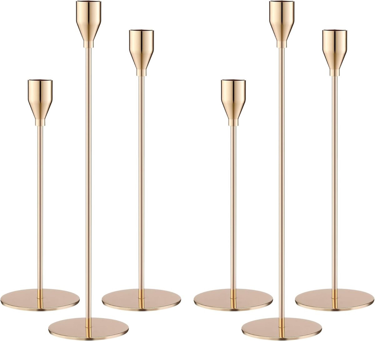 Set van 6 Gouden Conische Kandelaars voor Sfeervolle Tafeldecoratie