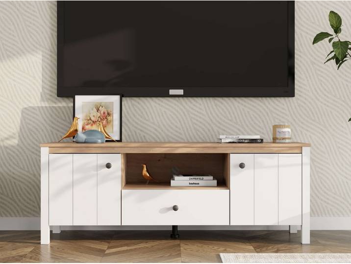 Home affaire Lowboard BEDFORD, TV-Board, TV-Kommode, TV-Schrank, TV-Möbel im Landhausstil, MDF-Profil ummantelt, 2 Türen, 1 Schublade & 3 Fächer mit Metallgriff