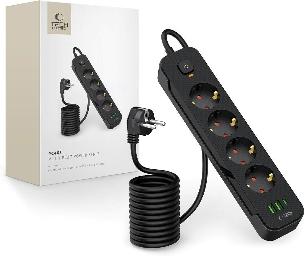Tech-Protect Strømskinne m. 4 x Udtag / 2 x USB-A / 1 x USB-C (2m) - Sort